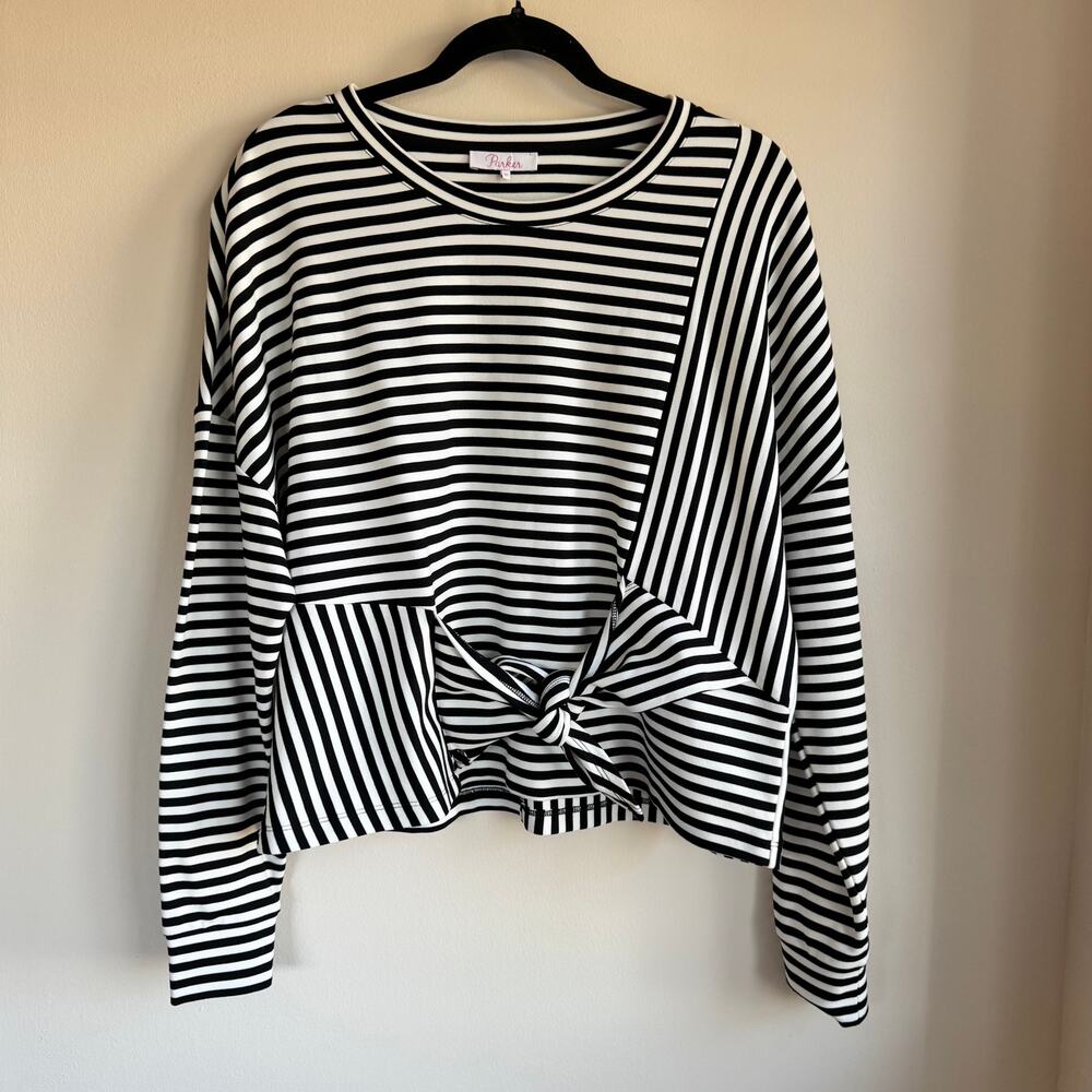 Parker Nanette Waist Knot Tie Top Black White Striped Crew Neck Long Sleeve Sz M